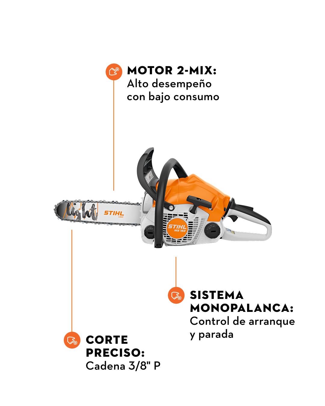 Características de la STIHL MS 162: Motor 2-MIX, sistema monopalanca, corte preciso